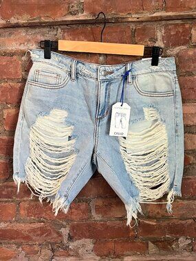 NWT Cello Bermuda Jean Shorts Medium Light Wash Heavy Distressed Frayed